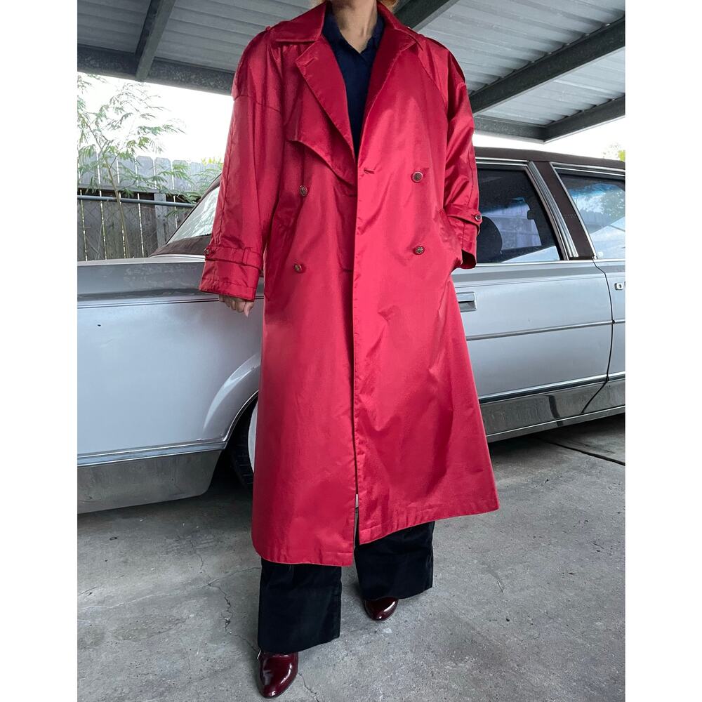 🔥VTG Double Breasted Red Bold Classic Long Trench Coat Quilt Lined Waterproof